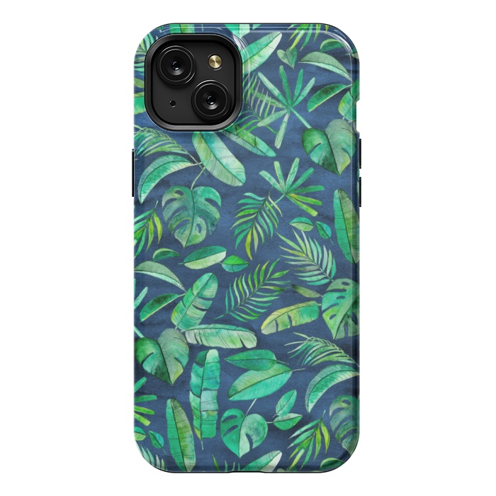 iPhone 15 Plus StrongFit Emerald Tropical Leaf Scatter on textured Navy Blue by Micklyn Le Feuvre