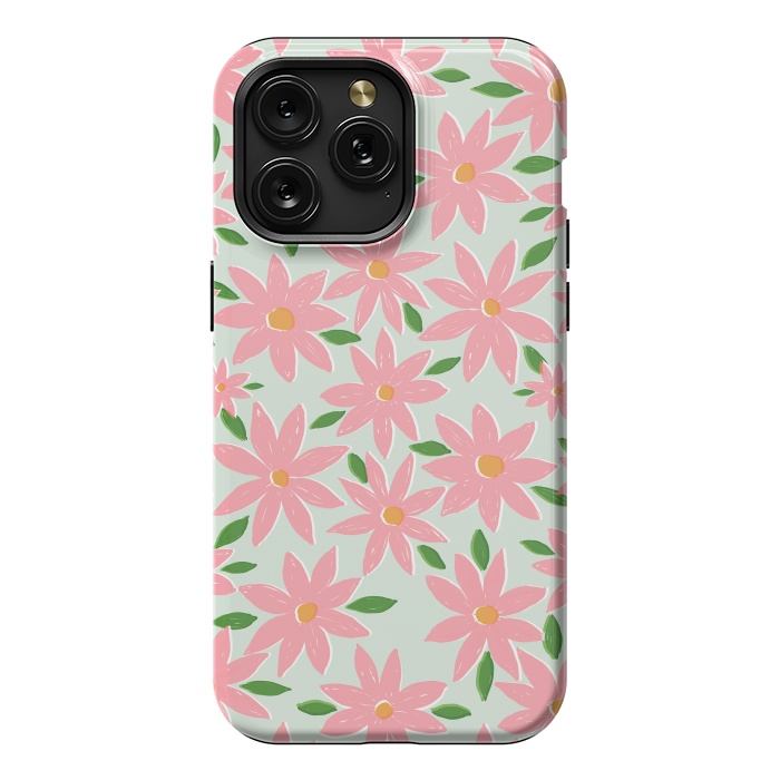 iPhone 15 Pro Max StrongFit Pretty Hand Paint Pink Daisy Flowers Mint Design by InovArts