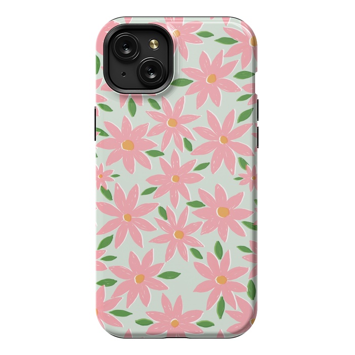 iPhone 15 Plus StrongFit Pretty Hand Paint Pink Daisy Flowers Mint Design by InovArts