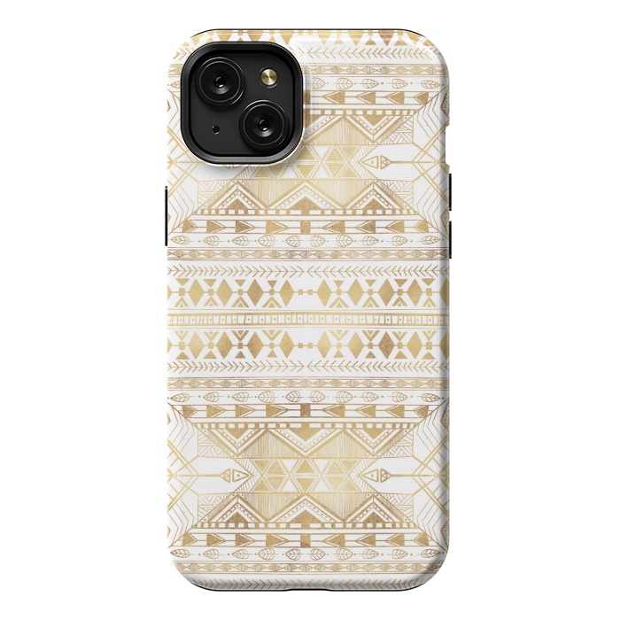 iPhone 15 Plus StrongFit Trendy Gold Geometric Tribal Aztec Pattern by InovArts