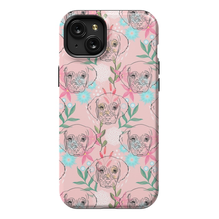 iPhone 15 Plus StrongFit Cute Puppy Dog and Flowers Pink Creative Art by InovArts