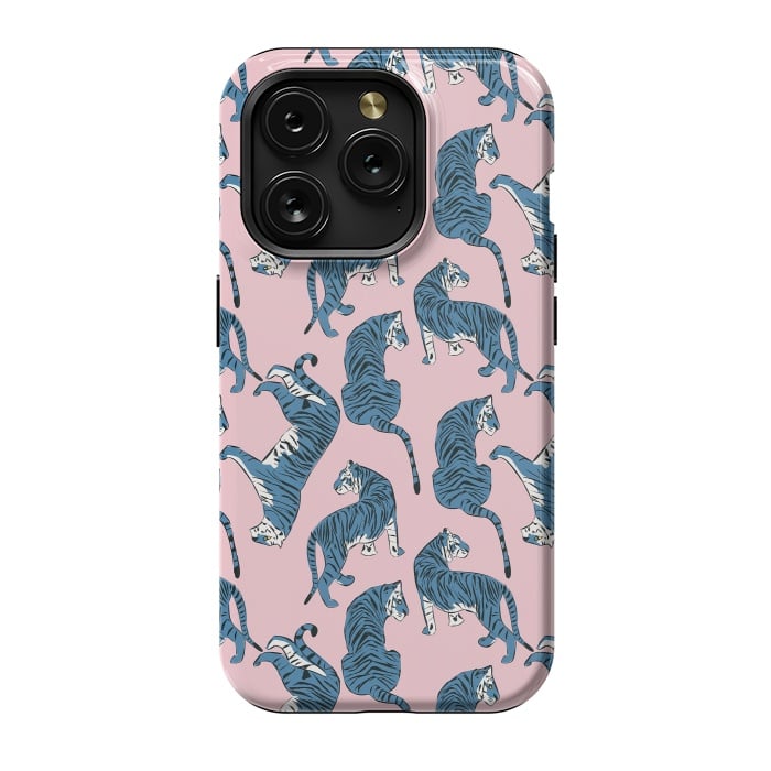 iPhone 15 Pro StrongFit Tiger Pattern, blue&pink, 003 by Jelena Obradovic