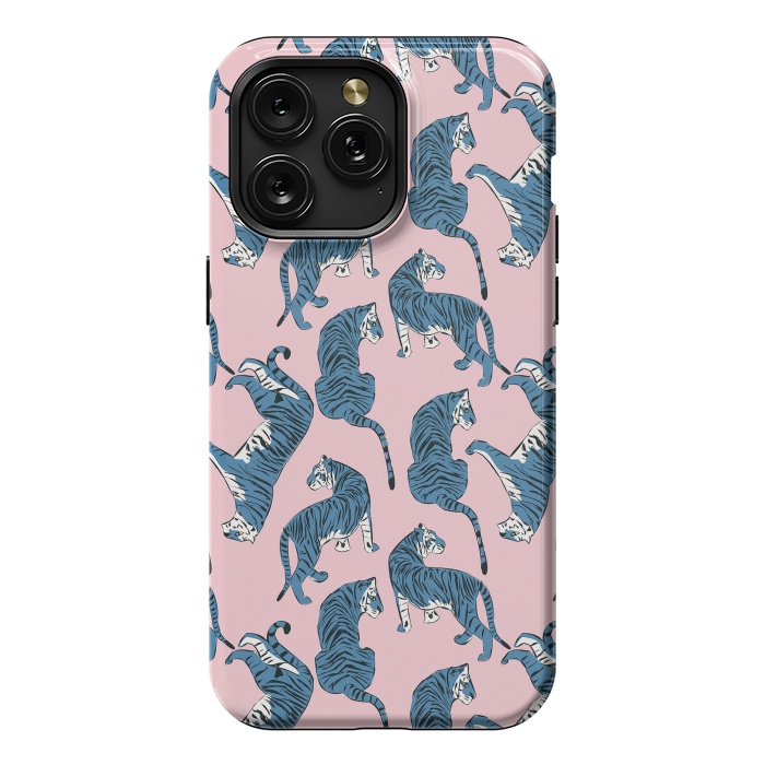 iPhone 15 Pro Max StrongFit Tiger Pattern, blue&pink, 003 by Jelena Obradovic