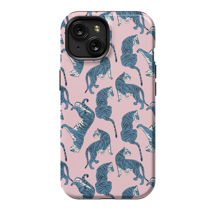 iPhone 15 StrongFit Tiger Pattern, blue&pink, 003 by Jelena Obradovic