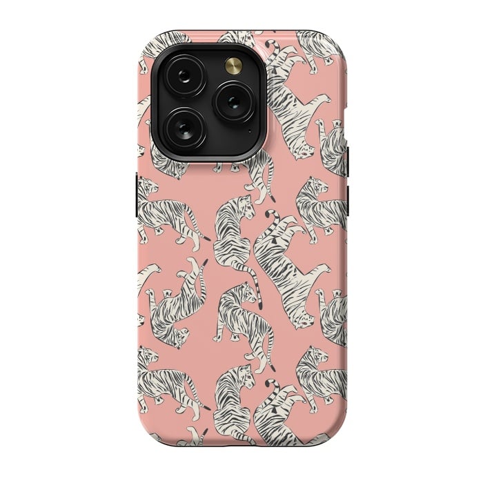 iPhone 15 Pro StrongFit Tiger pattern, white on pink, 006 by Jelena Obradovic