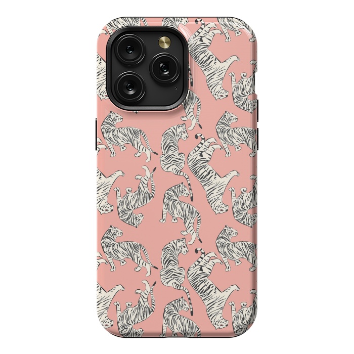 iPhone 15 Pro Max StrongFit Tiger pattern, white on pink, 006 by Jelena Obradovic
