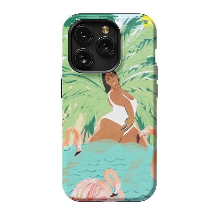 iPhone 15 Pro StrongFit Tropical Summer Water Yoga with Palm & Flamingos | Woman of Color Black Woman Body Positivity by Uma Prabhakar Gokhale