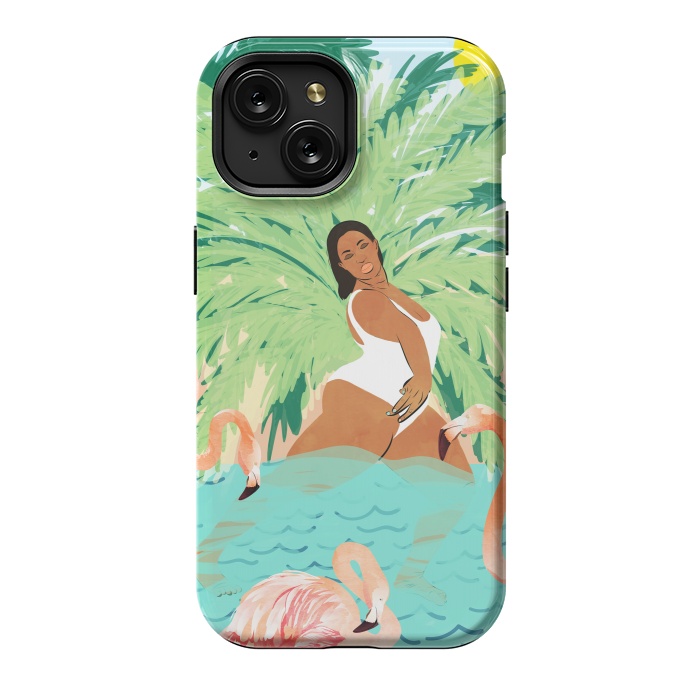 iPhone 15 StrongFit Tropical Summer Water Yoga with Palm & Flamingos | Woman of Color Black Woman Body Positivity by Uma Prabhakar Gokhale
