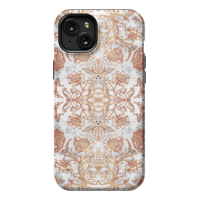iPhone 15 Plus StrongFit Elegant golden line art flowers on white marble by Oana 