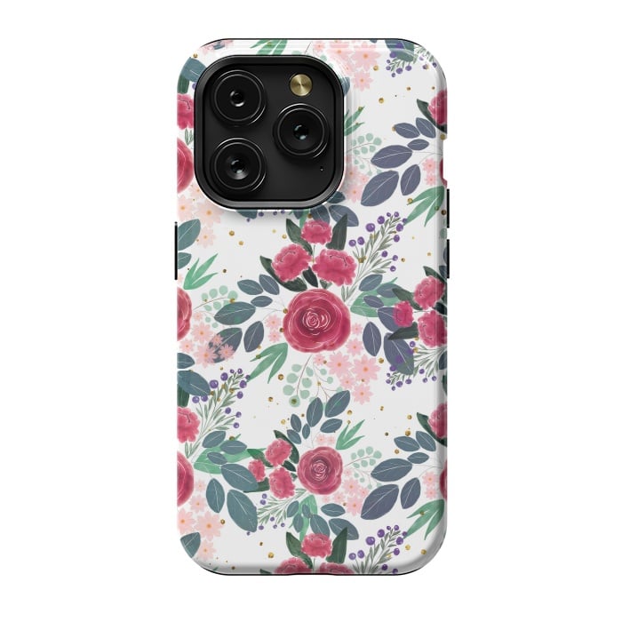 iPhone 15 Pro StrongFit Cute Rose Pink Peonies Watercolor Paint Gold Dots Design by InovArts