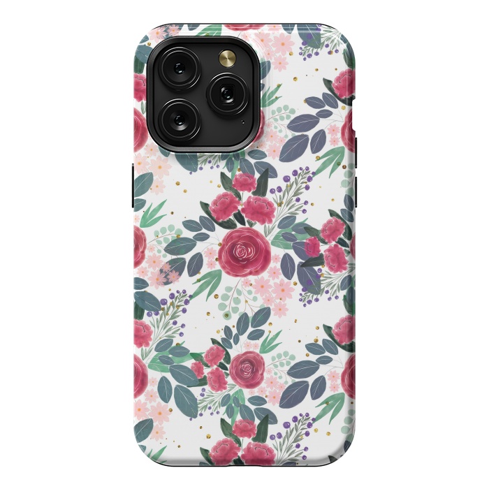 iPhone 15 Pro Max StrongFit Cute Rose Pink Peonies Watercolor Paint Gold Dots Design by InovArts
