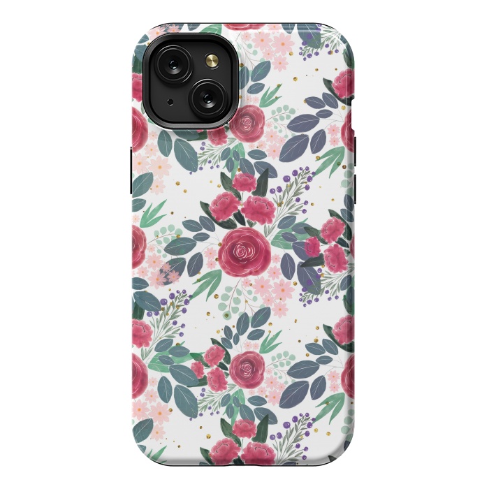 iPhone 15 Plus StrongFit Cute Rose Pink Peonies Watercolor Paint Gold Dots Design by InovArts