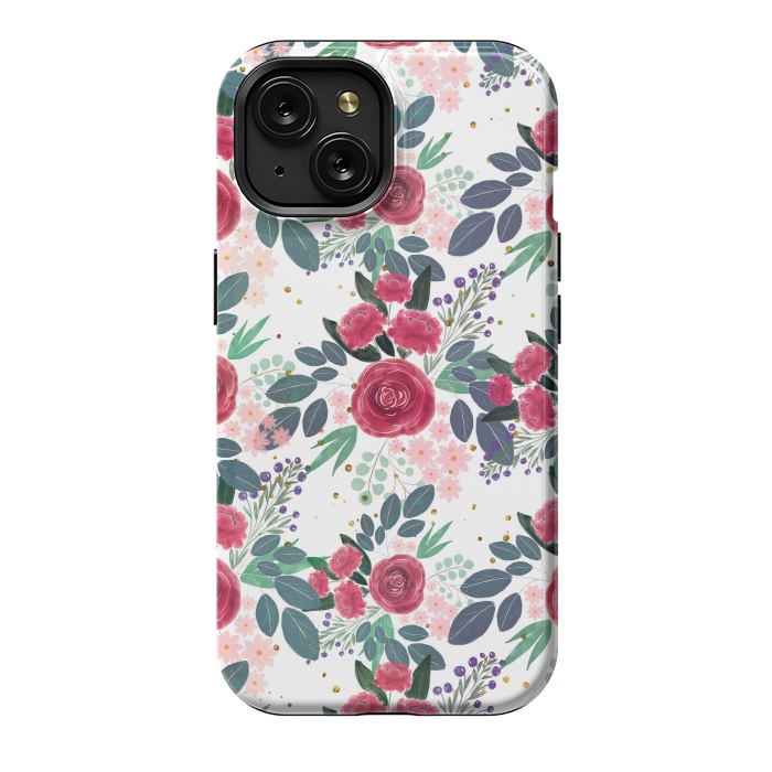 iPhone 15 StrongFit Cute Rose Pink Peonies Watercolor Paint Gold Dots Design by InovArts