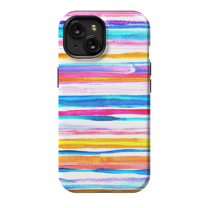 iPhone 15 StrongFit Bright Hand Painted Gouache Beach Chair Stripes by Micklyn Le Feuvre