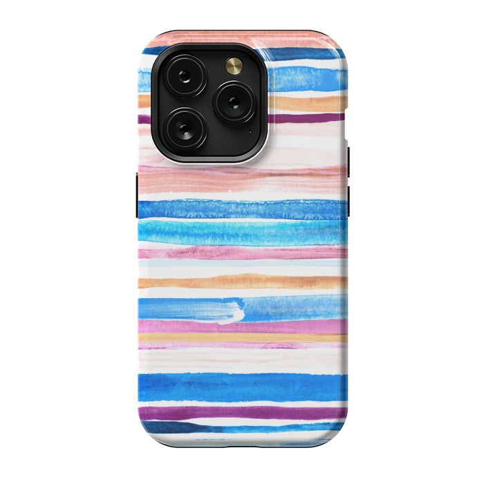 iPhone 15 Pro StrongFit Pastel Pink, Plum and Cobalt Blue Gouache Stripes by Micklyn Le Feuvre