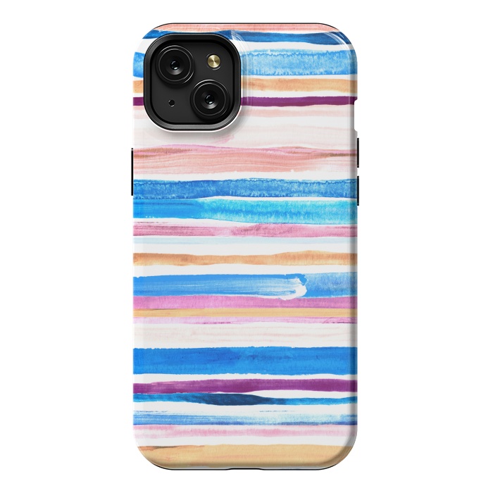 iPhone 15 Plus StrongFit Pastel Pink, Plum and Cobalt Blue Gouache Stripes by Micklyn Le Feuvre