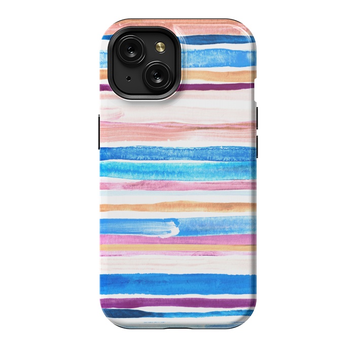 iPhone 15 StrongFit Pastel Pink, Plum and Cobalt Blue Gouache Stripes by Micklyn Le Feuvre