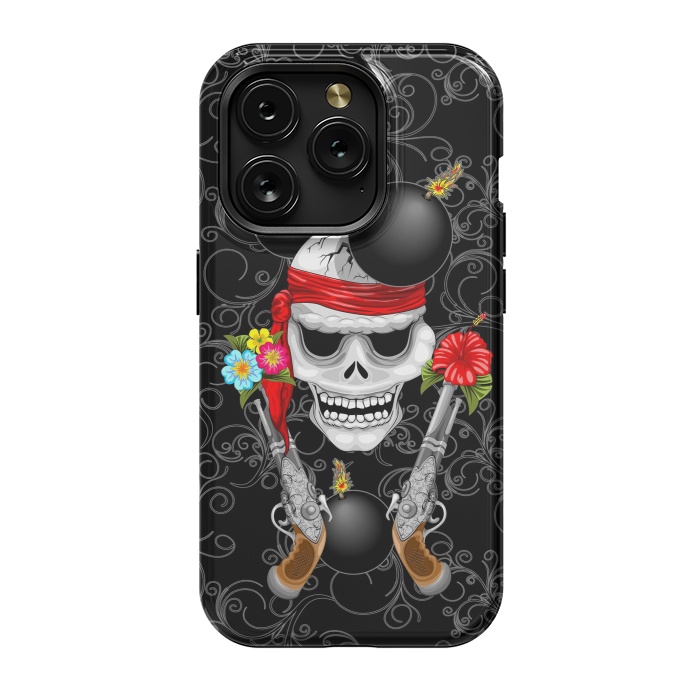 iPhone 15 Pro StrongFit Pirate Skull, Ancient Guns, Flowers and Cannonballs by BluedarkArt