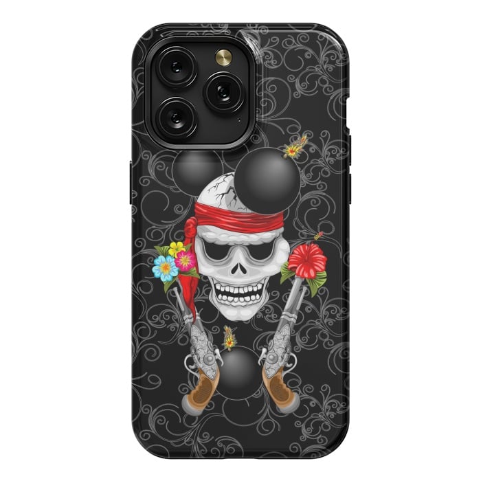 iPhone 15 Pro Max StrongFit Pirate Skull, Ancient Guns, Flowers and Cannonballs by BluedarkArt