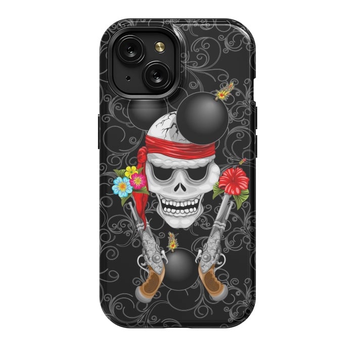 iPhone 15 StrongFit Pirate Skull, Ancient Guns, Flowers and Cannonballs by BluedarkArt