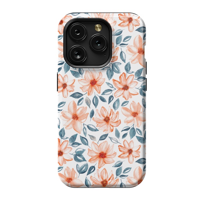 iPhone 15 Pro StrongFit Orange & Navy Watercolor Floral  by Tigatiga