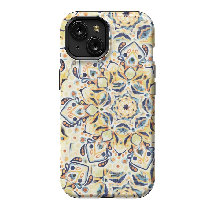 iPhone 15 StrongFit Stained Glass Mandala - Mustard Yellow & Navy  by Tigatiga