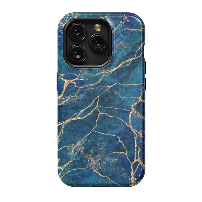 iPhone 15 Pro StrongFit Blue Marble with Gold Glitter Veins Fake Stone Texture by ArtsCase
