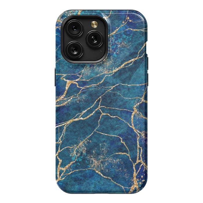 iPhone 15 Pro Max StrongFit Blue Marble with Gold Glitter Veins Fake Stone Texture by ArtsCase