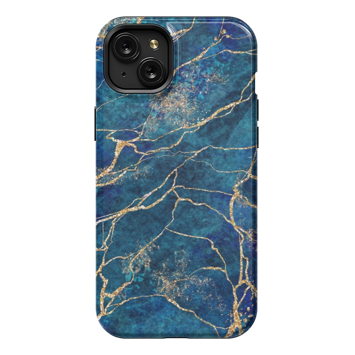 iPhone 15 Plus StrongFit Blue Marble with Gold Glitter Veins Fake Stone Texture by ArtsCase