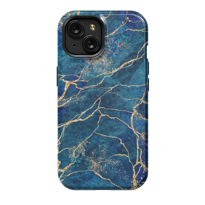 iPhone 15 StrongFit Blue Marble with Gold Glitter Veins Fake Stone Texture by ArtsCase