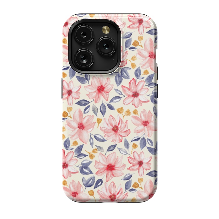 iPhone 15 Pro StrongFit Navy, Gold & Pink Watercolor Floral - Cream  by Tigatiga