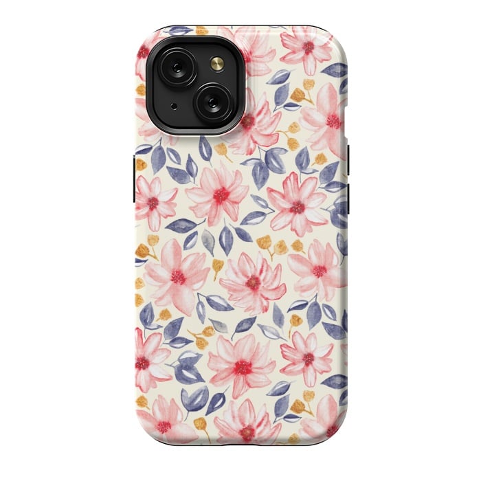 iPhone 15 StrongFit Navy, Gold & Pink Watercolor Floral - Cream  by Tigatiga
