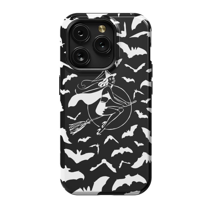 iPhone 15 Pro StrongFit Pin-up witch and flying bats pattern by Oana 