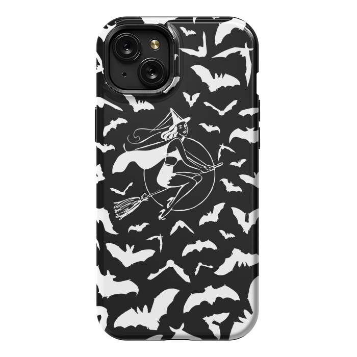 iPhone 15 Plus StrongFit Pin-up witch and flying bats pattern by Oana 