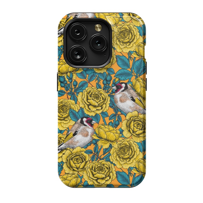 iPhone 15 Pro StrongFit Rose flowers and goldfinch birds by Katerina Kirilova
