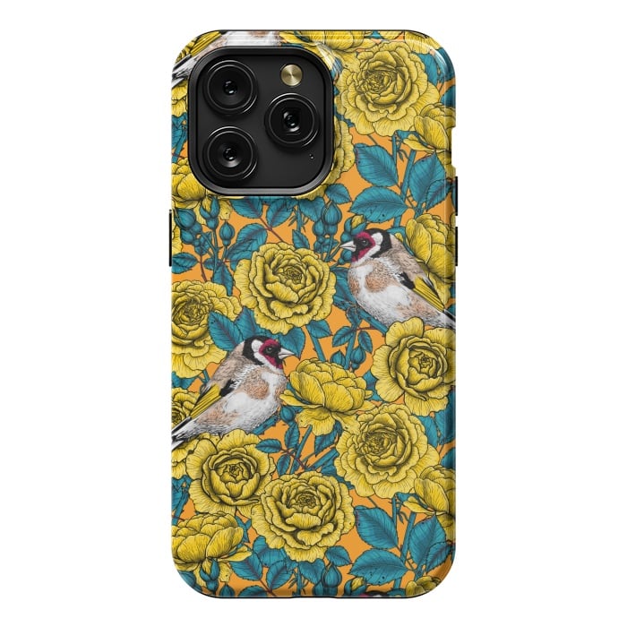 iPhone 15 Pro Max StrongFit Rose flowers and goldfinch birds by Katerina Kirilova