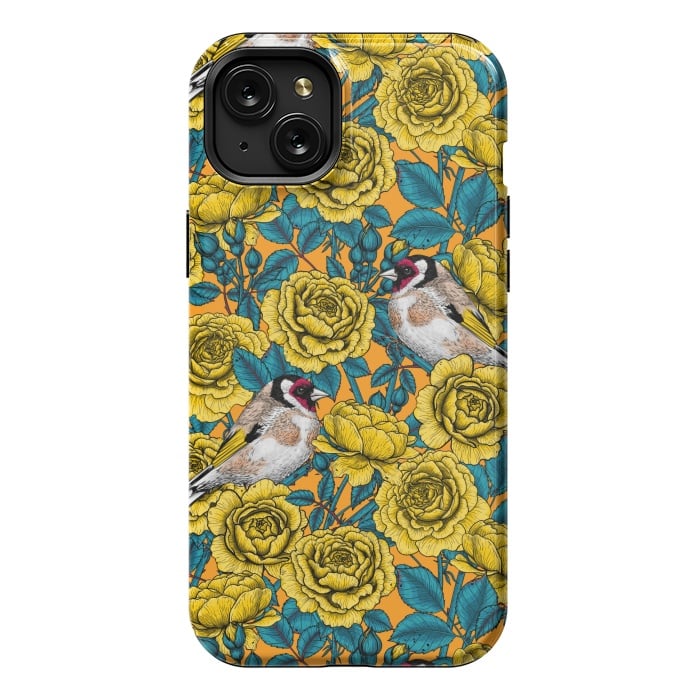 iPhone 15 Plus StrongFit Rose flowers and goldfinch birds by Katerina Kirilova