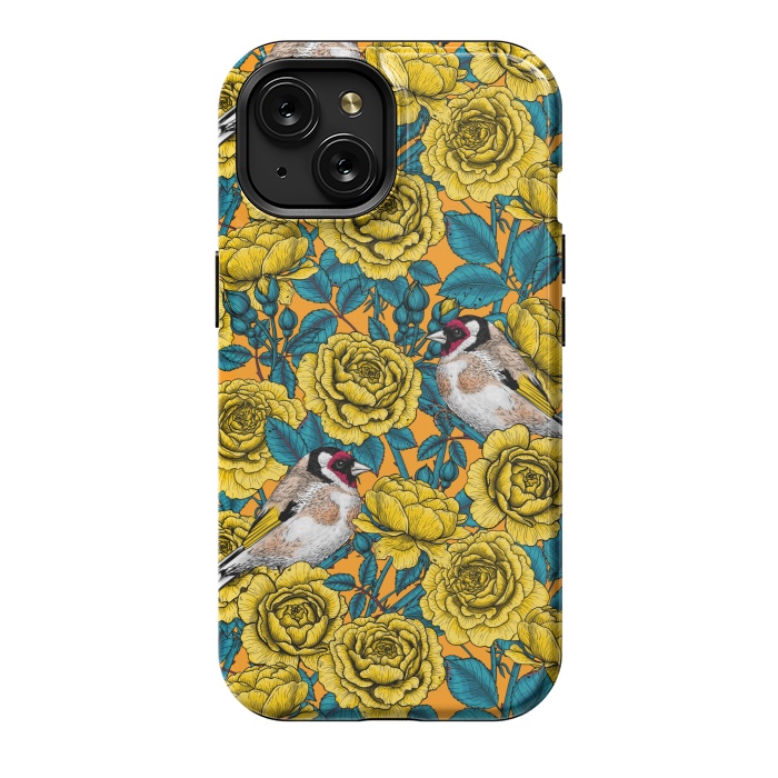 iPhone 15 StrongFit Rose flowers and goldfinch birds by Katerina Kirilova