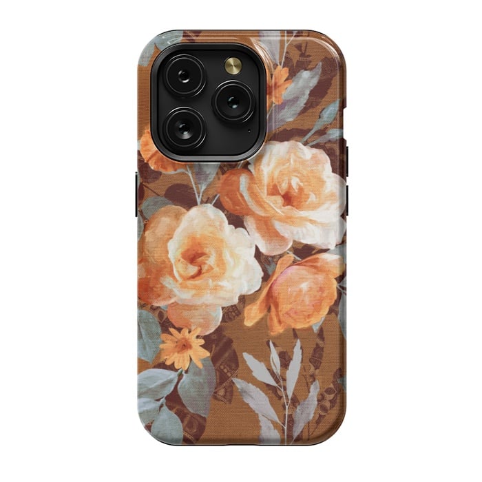 iPhone 15 Pro StrongFit Chintz Roses on Rust Brown by Micklyn Le Feuvre