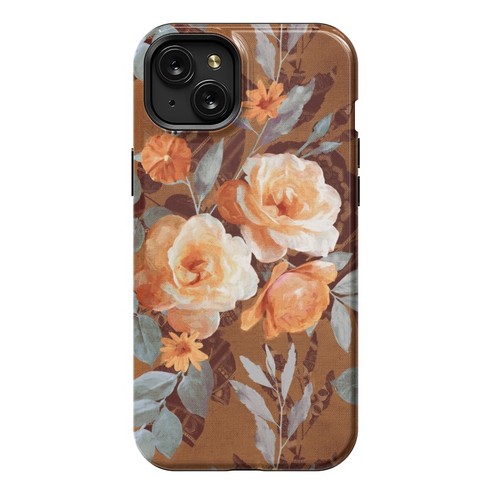 iPhone 15 Plus StrongFit Chintz Roses on Rust Brown by Micklyn Le Feuvre