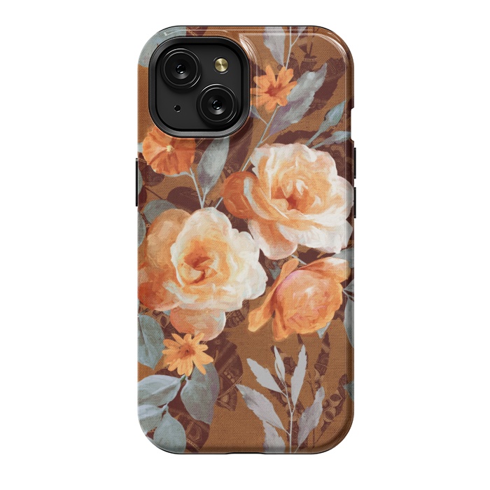 iPhone 15 StrongFit Chintz Roses on Rust Brown by Micklyn Le Feuvre