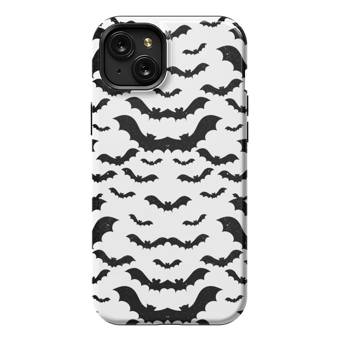 iPhone 15 Plus StrongFit Black star dust flying bats Halloween pattern by Oana 