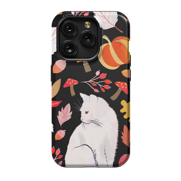 iPhone 15 Pro StrongFit Autumn nature pattern with white cat by Oana 
