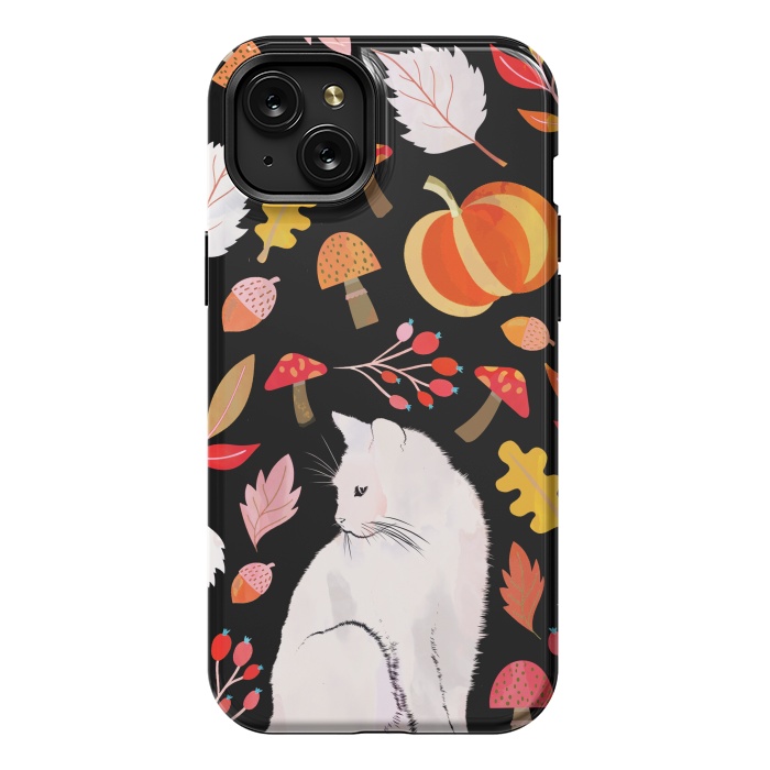 iPhone 15 Plus StrongFit Autumn nature pattern with white cat by Oana 