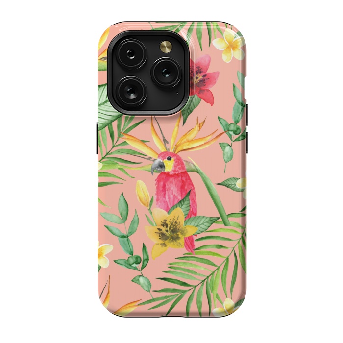 iPhone 15 Pro StrongFit Red parrot and tropical leaves by Julia Badeeva