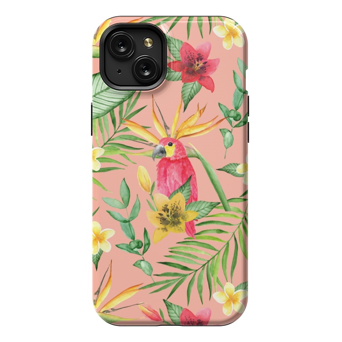 iPhone 15 Plus StrongFit Red parrot and tropical leaves by Julia Badeeva