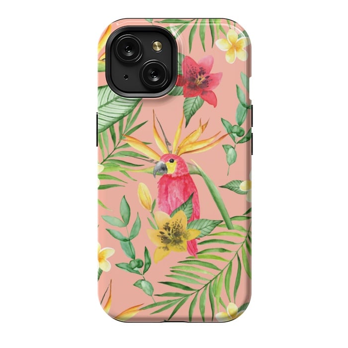 iPhone 15 StrongFit Red parrot and tropical leaves by Julia Badeeva