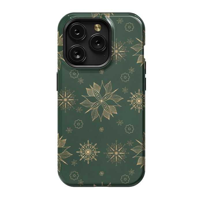 iPhone 15 Pro StrongFit Elegant Gold Green Poinsettias Snowflakes Winter Design by InovArts