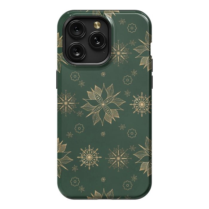 iPhone 15 Pro Max StrongFit Elegant Gold Green Poinsettias Snowflakes Winter Design by InovArts
