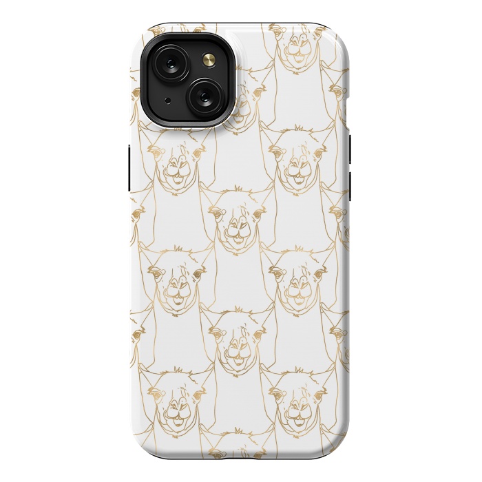 iPhone 15 Plus StrongFit Cute Gold Strokes Llama Animal White Pattern by InovArts